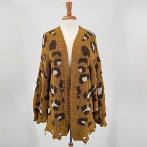 A Beautiful Soul Yellow/Brown Leopard Print Chunky  Distressed‎ Sweater Cardigan